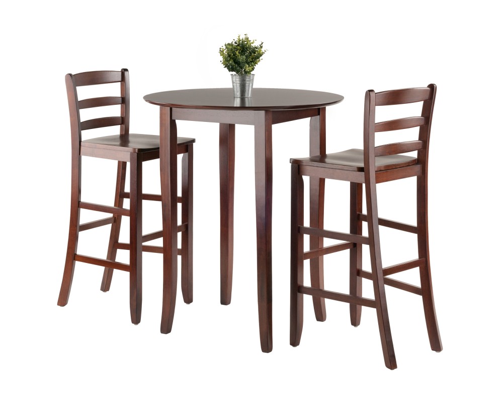 Fiona High Round Dining Table with 2 Ladder-Back Bar Stools, 39' High, 34' Wide, Walnut