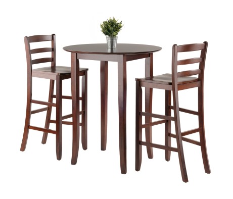 Fiona High Round Dining Table with 2 Ladder-Back Bar Stools, 39' High, 34' Wide, Walnut