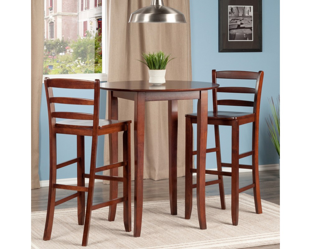 Fiona High Round Dining Table with 2 Ladder-Back Bar Stools, 39' High, 34' Wide, Walnut