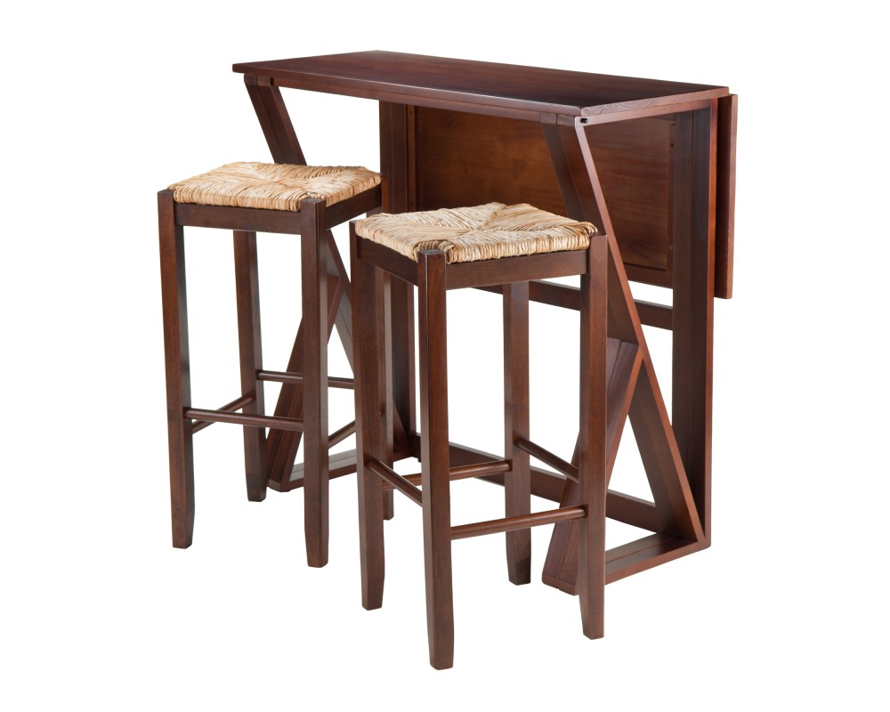 Harrington High Foldable Dining Table with 2 Rush-Seat Bar Stools, 36' High, 39' Wide, Walnut and Natural
