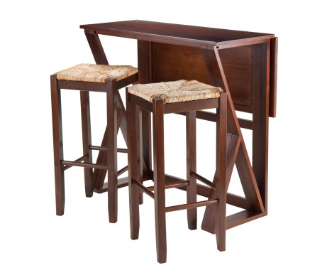 Harrington High Foldable Dining Table with 2 Rush-Seat Bar Stools, 36' High, 39' Wide, Walnut and Natural