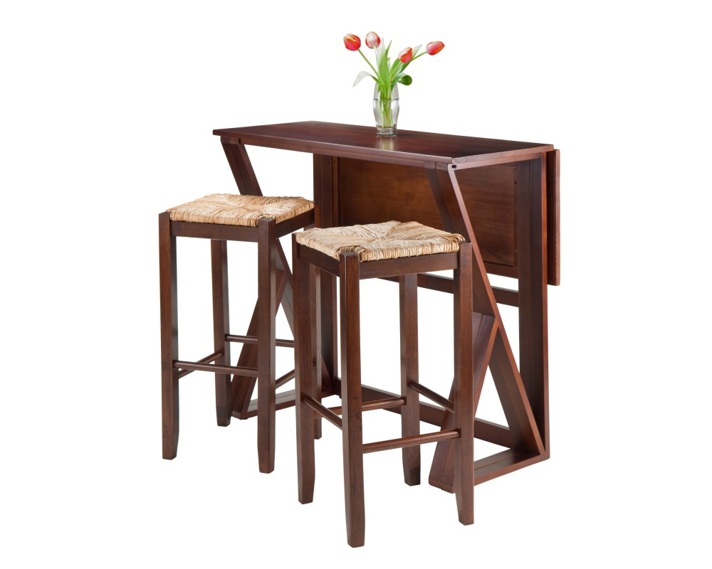 Harrington High Foldable Dining Table with 2 Rush-Seat Bar Stools, 36' High, 39' Wide, Walnut and Natural