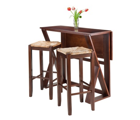 Harrington High Foldable Dining Table with 2 Rush-Seat Bar Stools, 36' High, 39' Wide, Walnut and Natural
