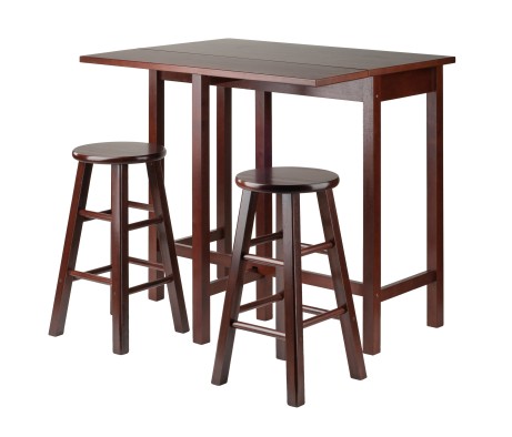 Lynnwood Extendable High Dining Table with 2 Round Stools, 35' High, 39' Wide, Walnut