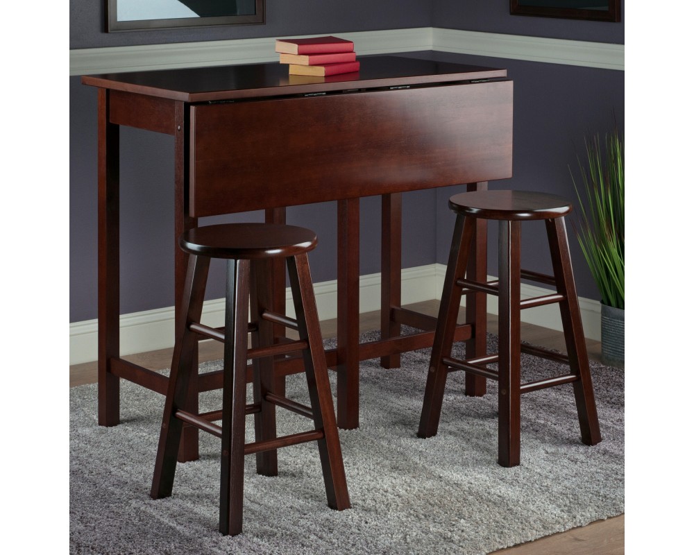 Lynnwood Extendable High Dining Table with 2 Round Stools, 35' High, 39' Wide, Walnut
