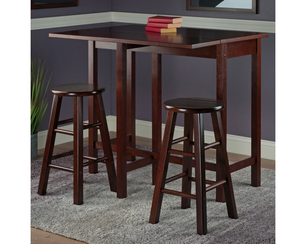 Lynnwood Extendable High Dining Table with 2 Round Stools, 35' High, 39' Wide, Walnut