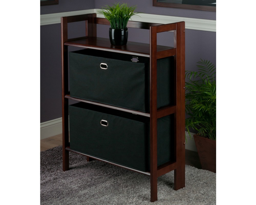 Torino 3-Pc Foldable Shelf with 2 Foldable Fabric Baskets, Walnut and Black