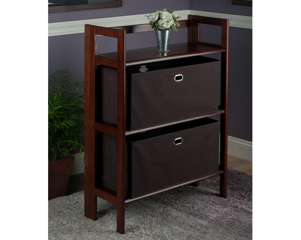 Torino 3-Pc Foldable Shelf with 2 Foldable Fabric Baskets, Walnut and Chocolate