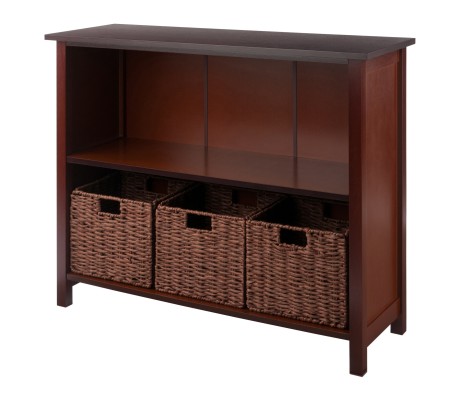 Milan 2-Tier Wide Storage Shelf with 3 Foldable Corn Husk Baskets, Walnut