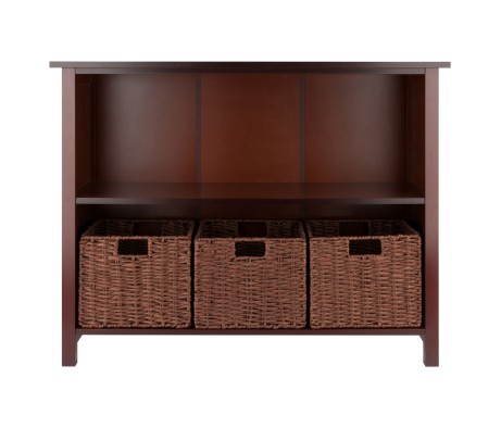 Milan 2-Tier Wide Storage Shelf with 3 Foldable Corn Husk Baskets, Walnut