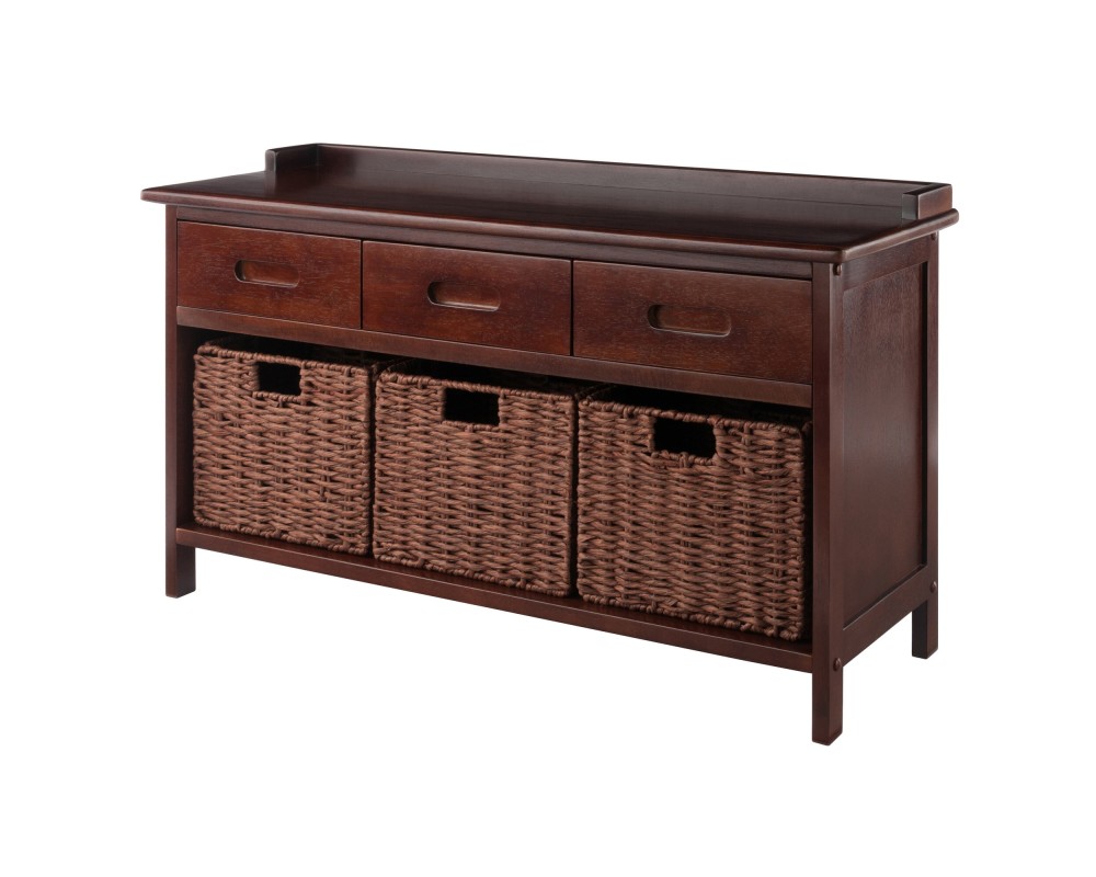Adriana Storage Bench with 3 Drawers, 3 Woven Rope Baskets, 38 Wide, 22 High, Walnut
