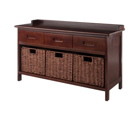 Adriana Storage Bench with 3 Drawers, 3 Woven Rope Baskets, 38 Wide, 22 High, Walnut