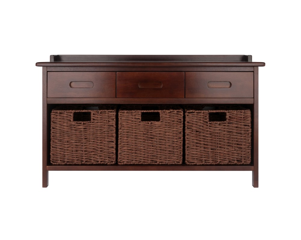 Adriana Storage Bench with 3 Drawers, 3 Woven Rope Baskets, 38 Wide, 22 High, Walnut