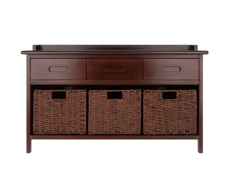 Adriana Storage Bench with 3 Drawers, 3 Woven Rope Baskets, 38 Wide, 22 High, Walnut