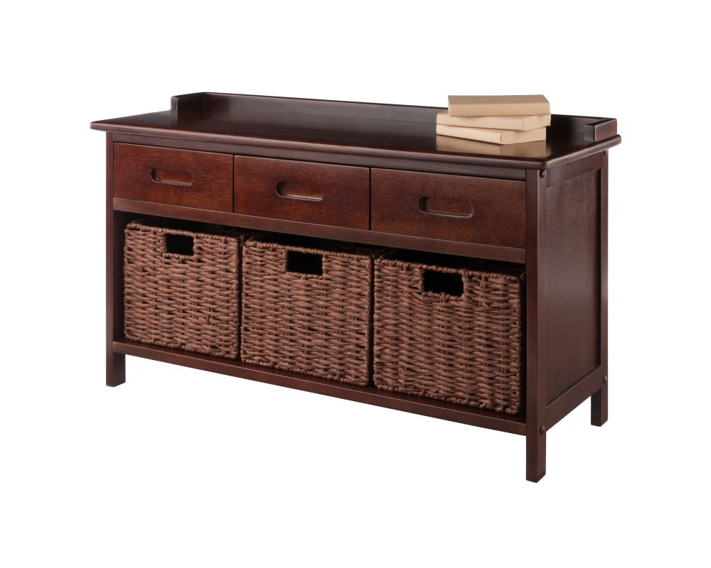 Adriana Storage Bench with 3 Drawers, 3 Woven Rope Baskets, 38 Wide, 22 High, Walnut