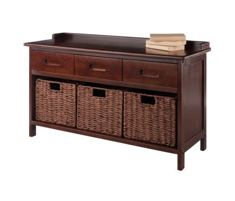 Adriana Storage Bench with 3 Drawers, 3 Woven Rope Baskets, 38 Wide, 22 High, Walnut