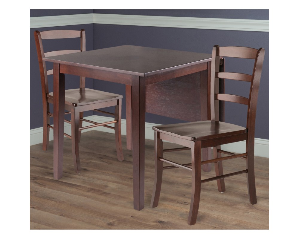 Perrone 3-Pc Drop Leaf Dining Table with 2 Ladder Back Chairs, Walnut