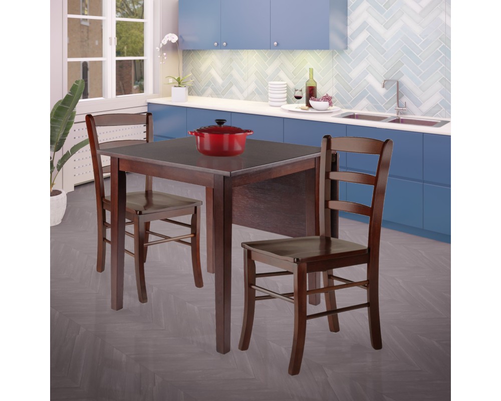 Perrone 3-Pc Drop Leaf Dining Table with 2 Ladder Back Chairs, Walnut
