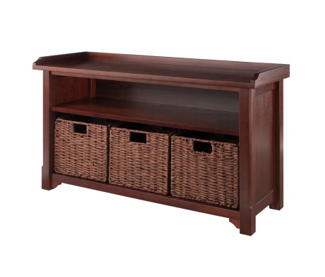 Milan 2-Shelf Storage Bench with 3 Foldable Corn Husk Baskets, 40' Wide, Walnut