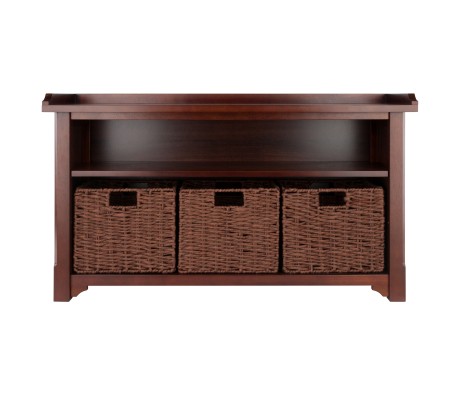 Milan 2-Shelf Storage Bench with 3 Foldable Corn Husk Baskets, 40' Wide, Walnut