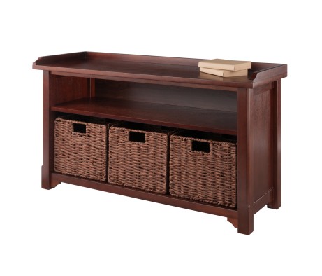 Milan 2-Shelf Storage Bench with 3 Foldable Corn Husk Baskets, 40' Wide, Walnut