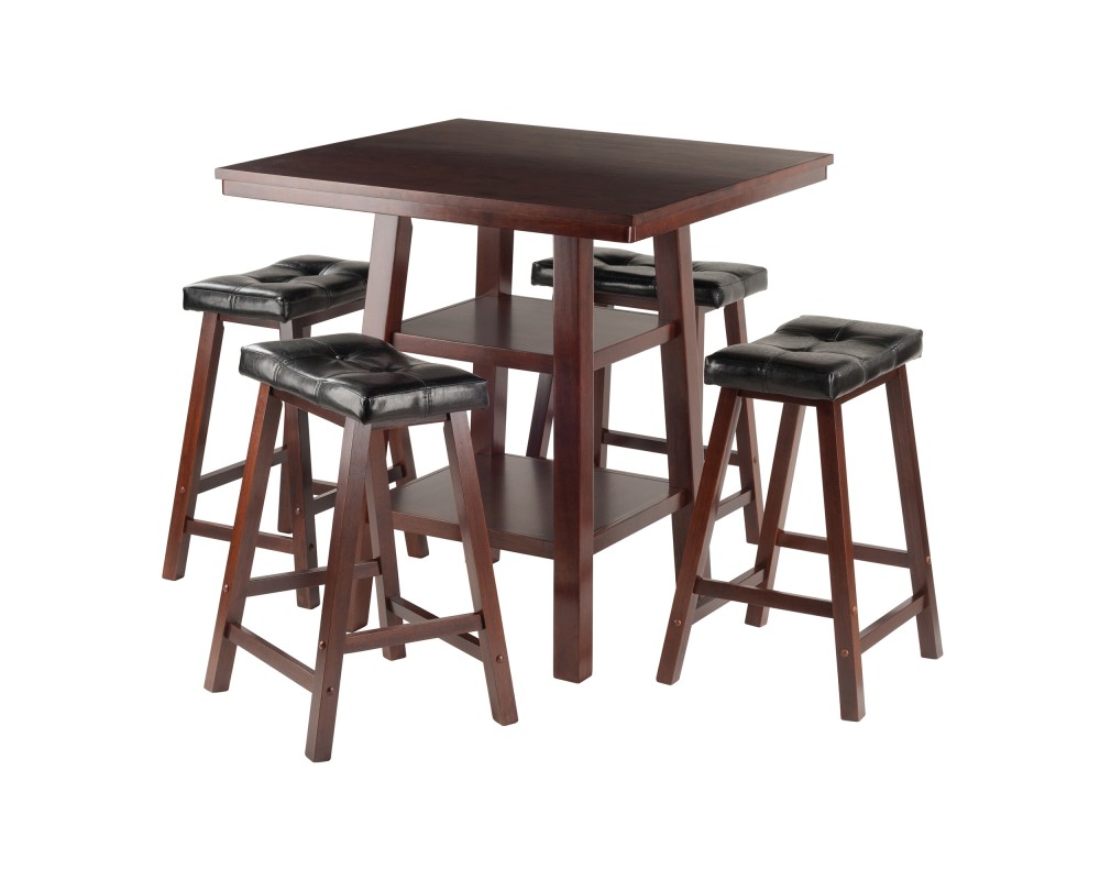 Orlando 5-Pc High Dining Table with 4 Cushion Saddle Seat Counter Stools, Walnut and Black