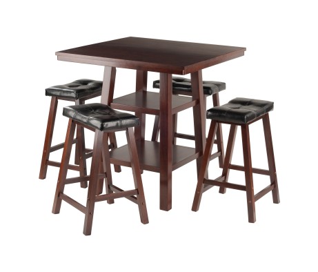 Orlando 5-Pc High Dining Table with 4 Cushion Saddle Seat Counter Stools, Walnut and Black