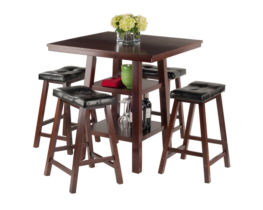 Orlando 5-Pc High Dining Table with 4 Cushion Saddle Seat Counter Stools, Walnut and Black