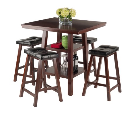 Orlando 5-Pc High Dining Table with 4 Cushion Saddle Seat Counter Stools, Walnut and Black