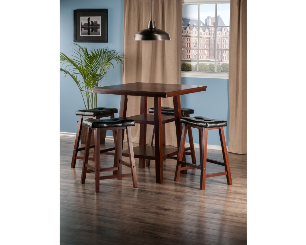 Orlando 5-Pc High Dining Table with 4 Cushion Saddle Seat Counter Stools, Walnut and Black
