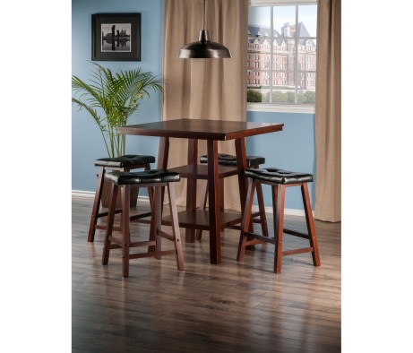 Orlando 5-Pc High Dining Table with 4 Cushion Saddle Seat Counter Stools, Walnut and Black