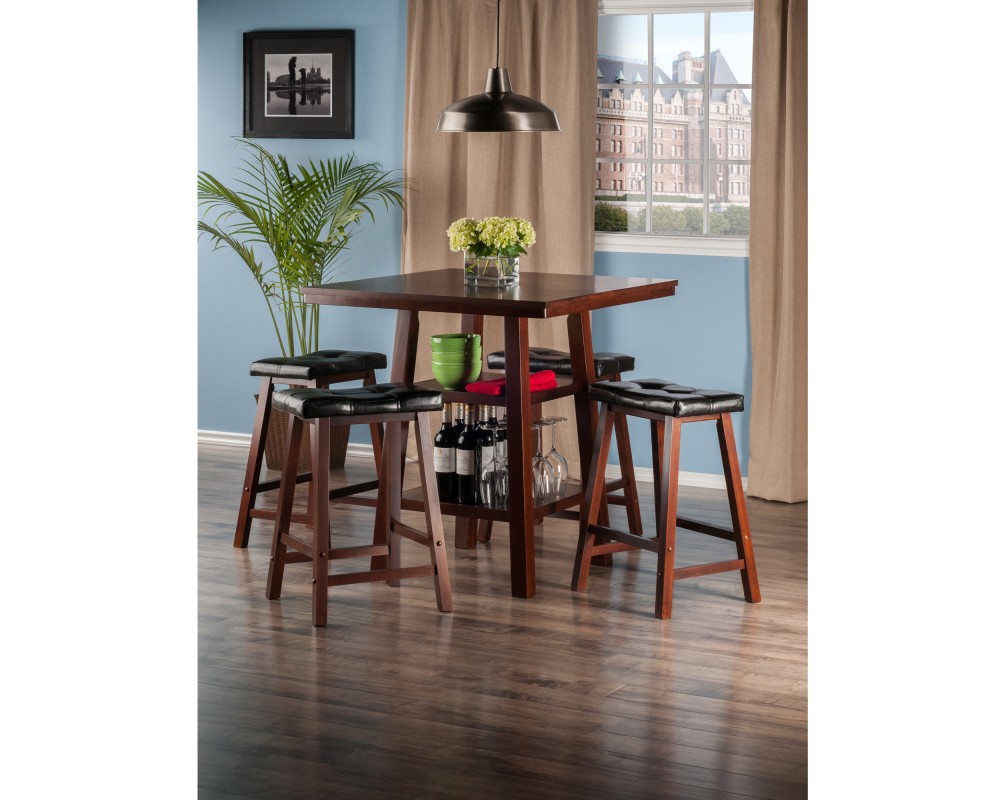 Orlando 5-Pc High Dining Table with 4 Cushion Saddle Seat Counter Stools, Walnut and Black