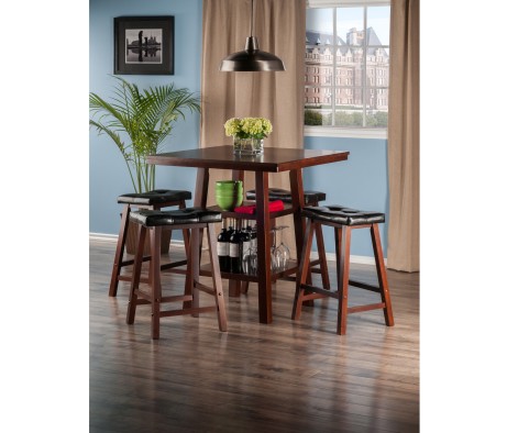 Orlando 5-Pc High Dining Table with 4 Cushion Saddle Seat Counter Stools, Walnut and Black