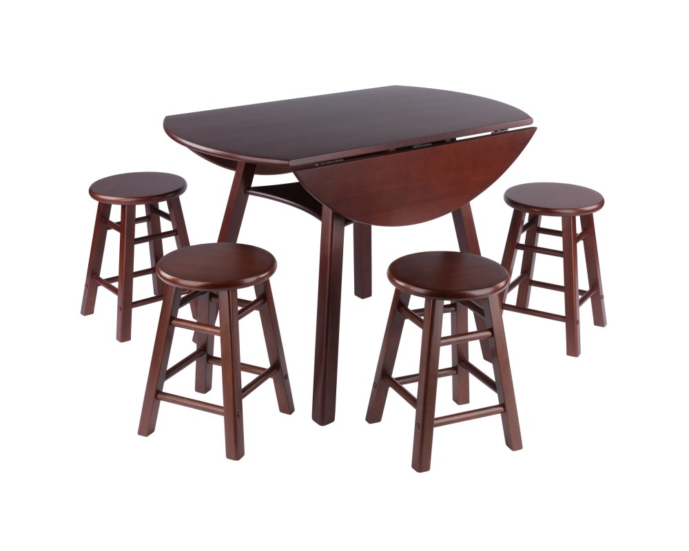 Marbelle Table 5-Pc Drop Leaf Dining Table with 4 Element 18' Dining Stools, Walnut Finish