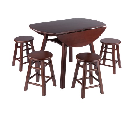 Marbelle Table 5-Pc Drop Leaf Dining Table with 4 Element 18' Dining Stools, Walnut Finish