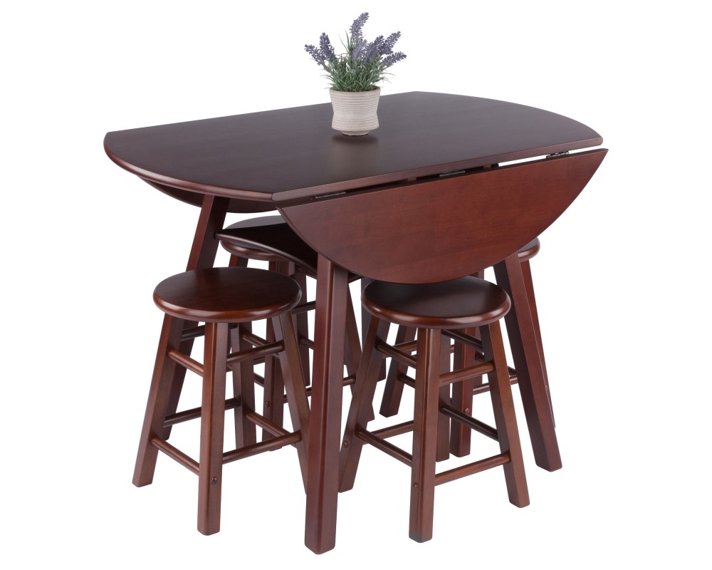 Marbelle Table 5-Pc Drop Leaf Dining Table with 4 Element 18' Dining Stools, Walnut Finish