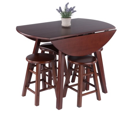 Marbelle Table 5-Pc Drop Leaf Dining Table with 4 Element 18' Dining Stools, Walnut Finish