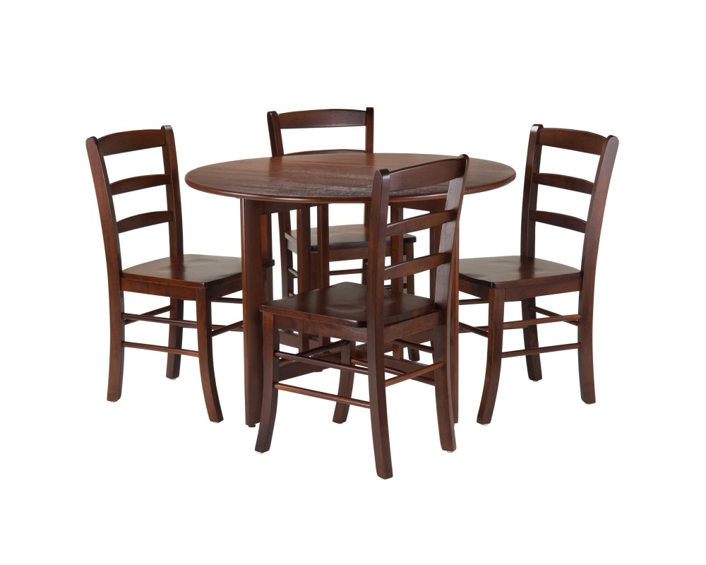 Alamo Foldable Round Dining Table, 42' Wide, with 4 Ladder Back Chairs, Walnut