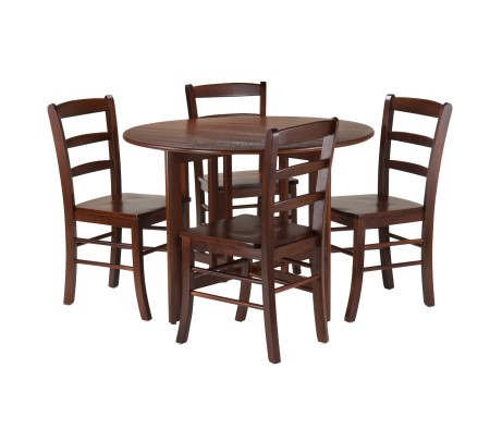 Alamo Foldable Round Dining Table, 42' Wide, with 4 Ladder Back Chairs, Walnut