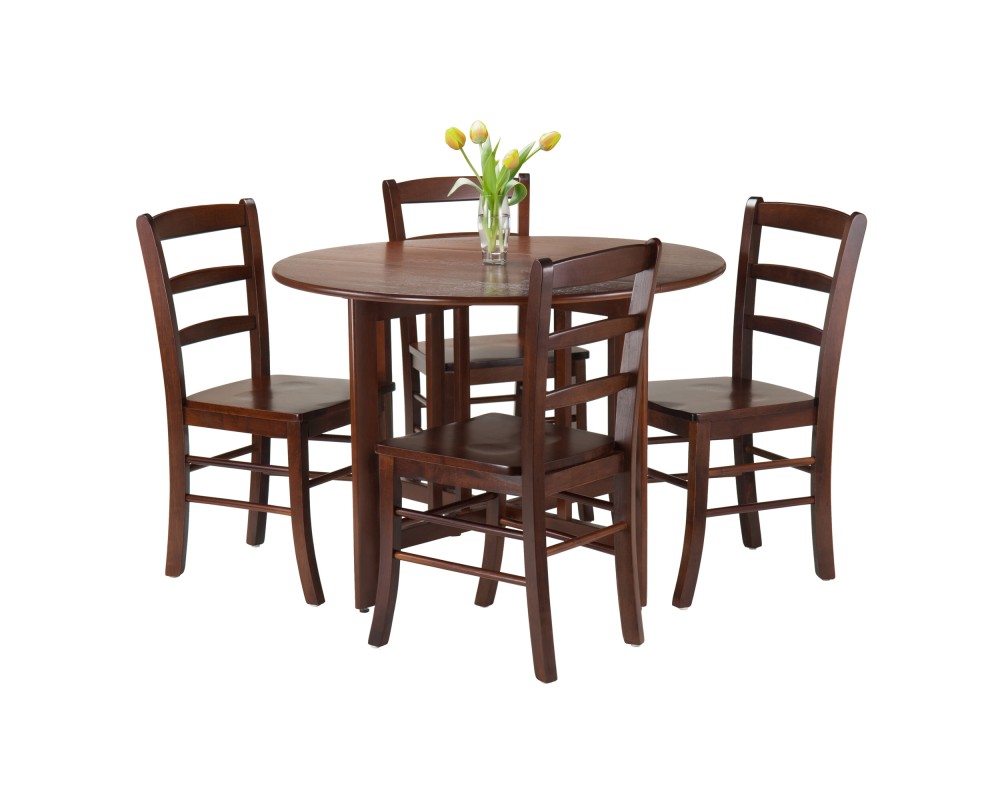 Alamo Foldable Round Dining Table, 42' Wide, with 4 Ladder Back Chairs, Walnut