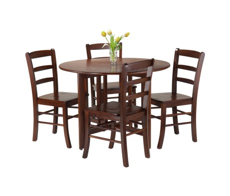 Alamo Foldable Round Dining Table, 42' Wide, with 4 Ladder Back Chairs, Walnut