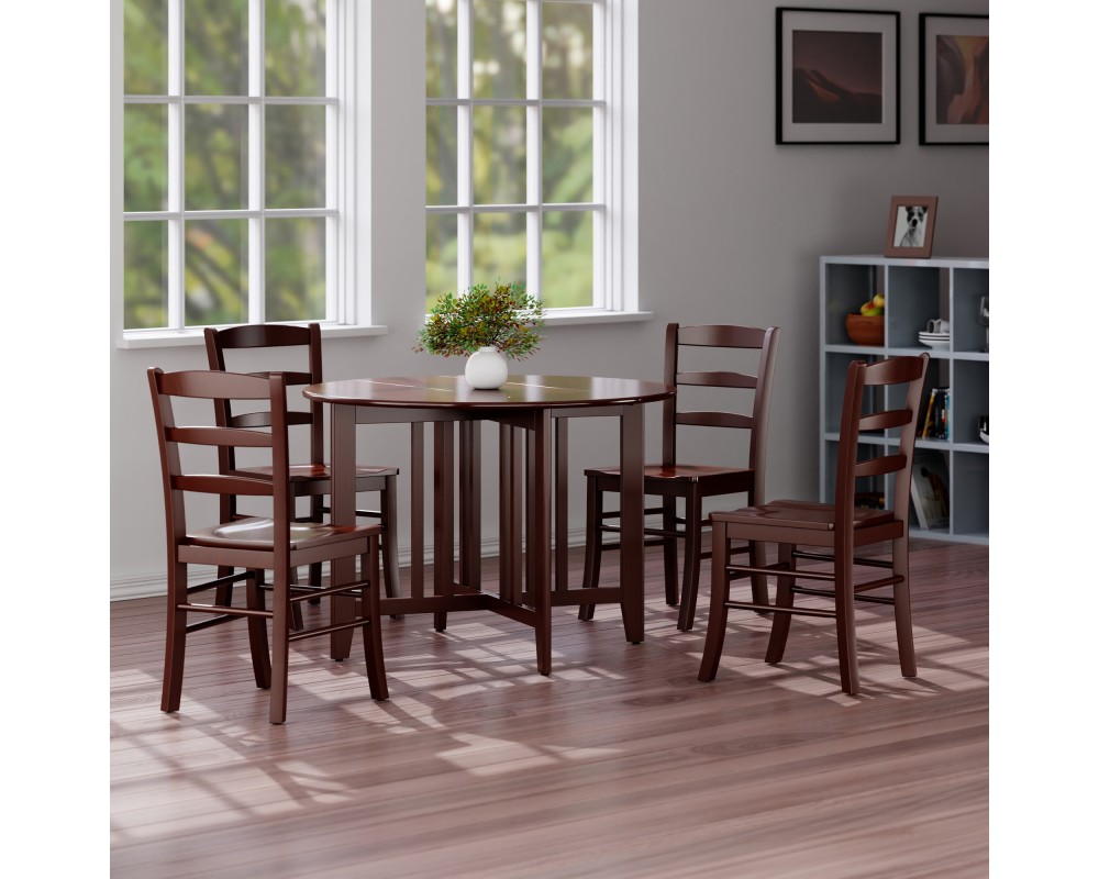 Alamo Foldable Round Dining Table, 42' Wide, with 4 Ladder Back Chairs, Walnut