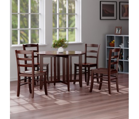 Alamo Foldable Round Dining Table, 42' Wide, with 4 Ladder Back Chairs, Walnut