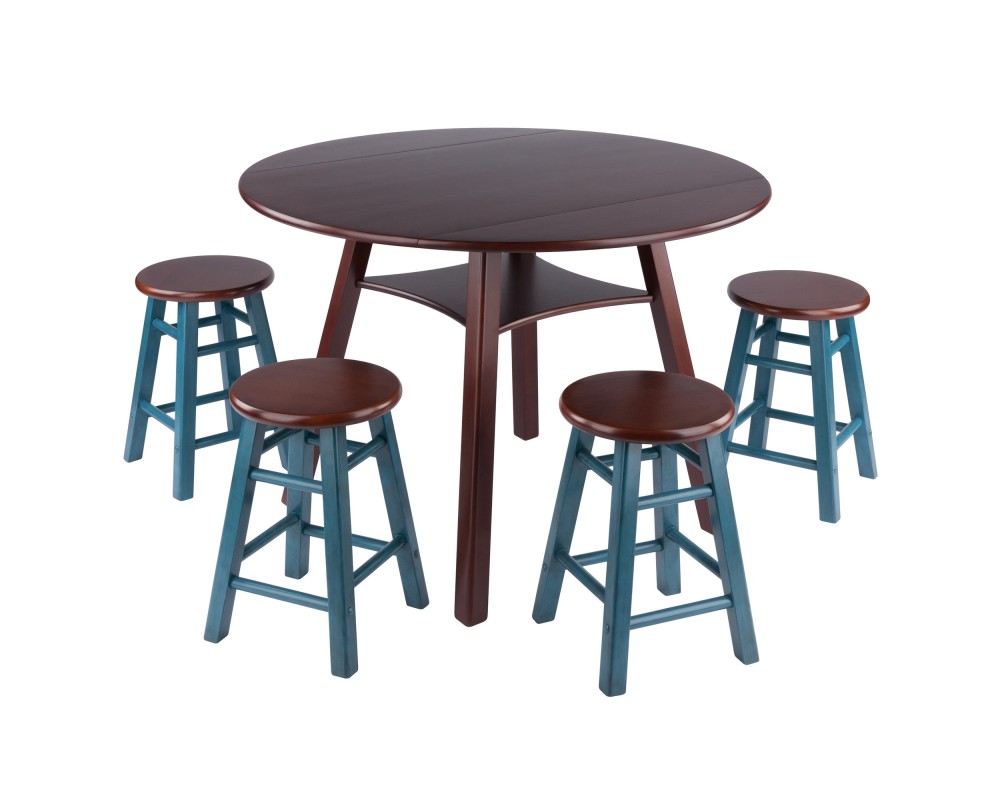 Marbelle Table 5-Pc Drop Leaf Dining Table, Walnut Finish, with 4 Element 18' Dining Stools, Walnut Rustic Teal Finish