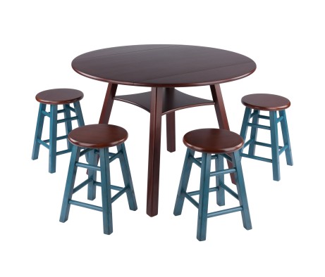 Marbelle Table 5-Pc Drop Leaf Dining Table, Walnut Finish, with 4 Element 18' Dining Stools, Walnut Rustic Teal Finish