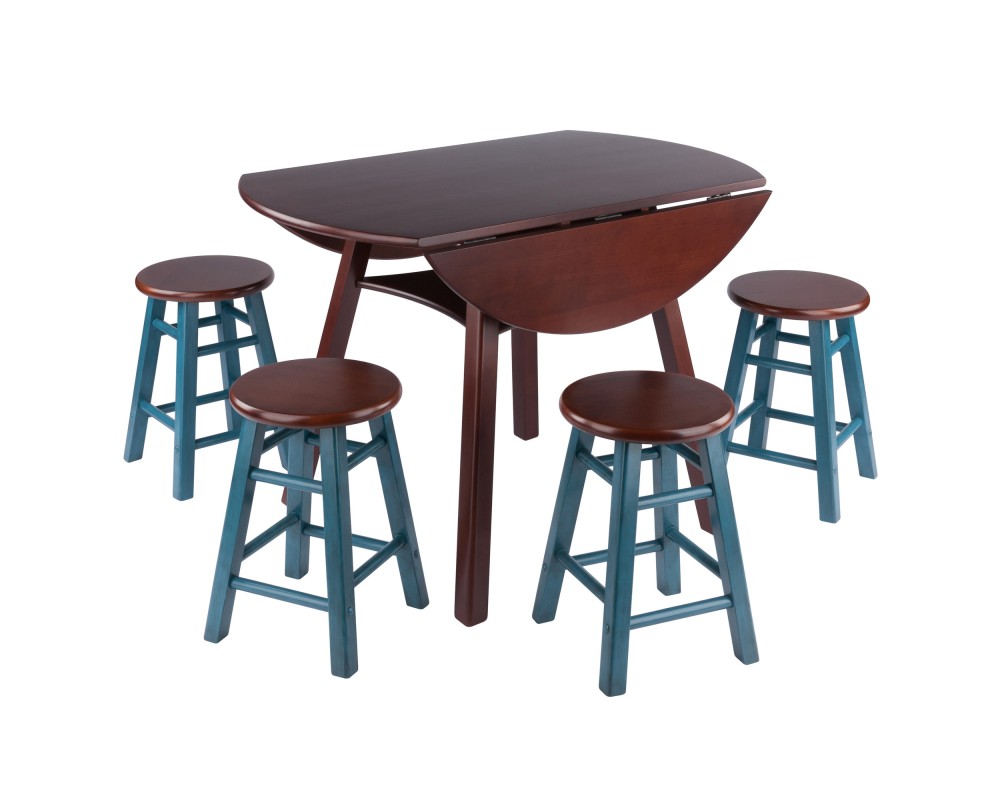 Marbelle Table 5-Pc Drop Leaf Dining Table, Walnut Finish, with 4 Element 18' Dining Stools, Walnut Rustic Teal Finish