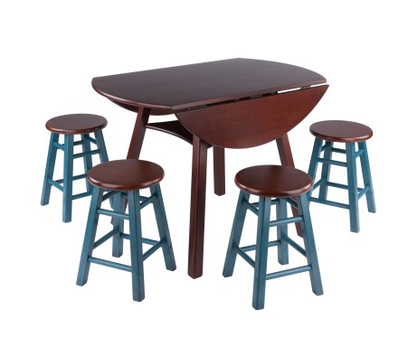 Marbelle Table 5-Pc Drop Leaf Dining Table, Walnut Finish, with 4 Element 18' Dining Stools, Walnut Rustic Teal Finish