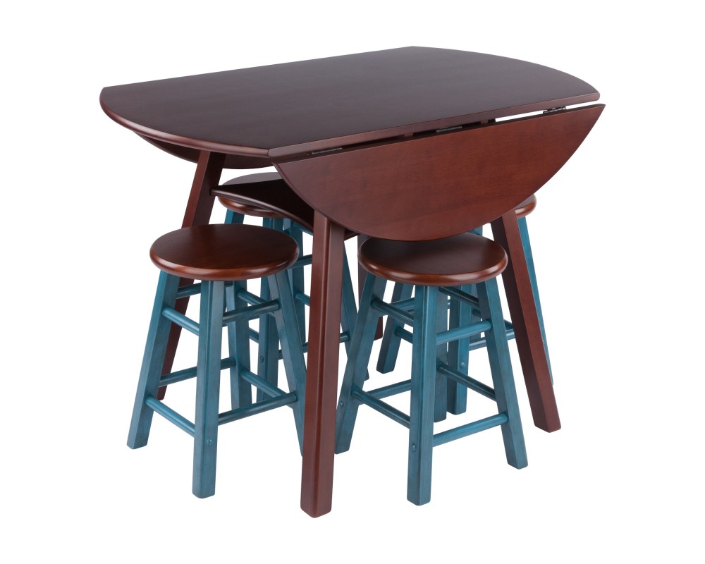 Marbelle Table 5-Pc Drop Leaf Dining Table, Walnut Finish, with 4 Element 18' Dining Stools, Walnut Rustic Teal Finish