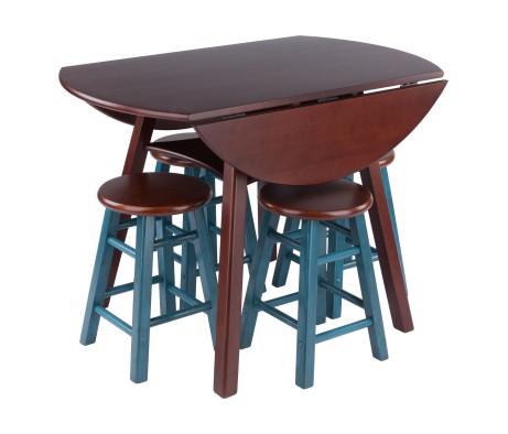 Marbelle Table 5-Pc Drop Leaf Dining Table, Walnut Finish, with 4 Element 18' Dining Stools, Walnut Rustic Teal Finish