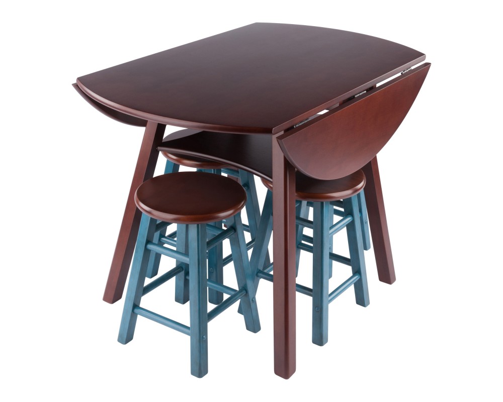 Marbelle Table 5-Pc Drop Leaf Dining Table, Walnut Finish, with 4 Element 18' Dining Stools, Walnut Rustic Teal Finish